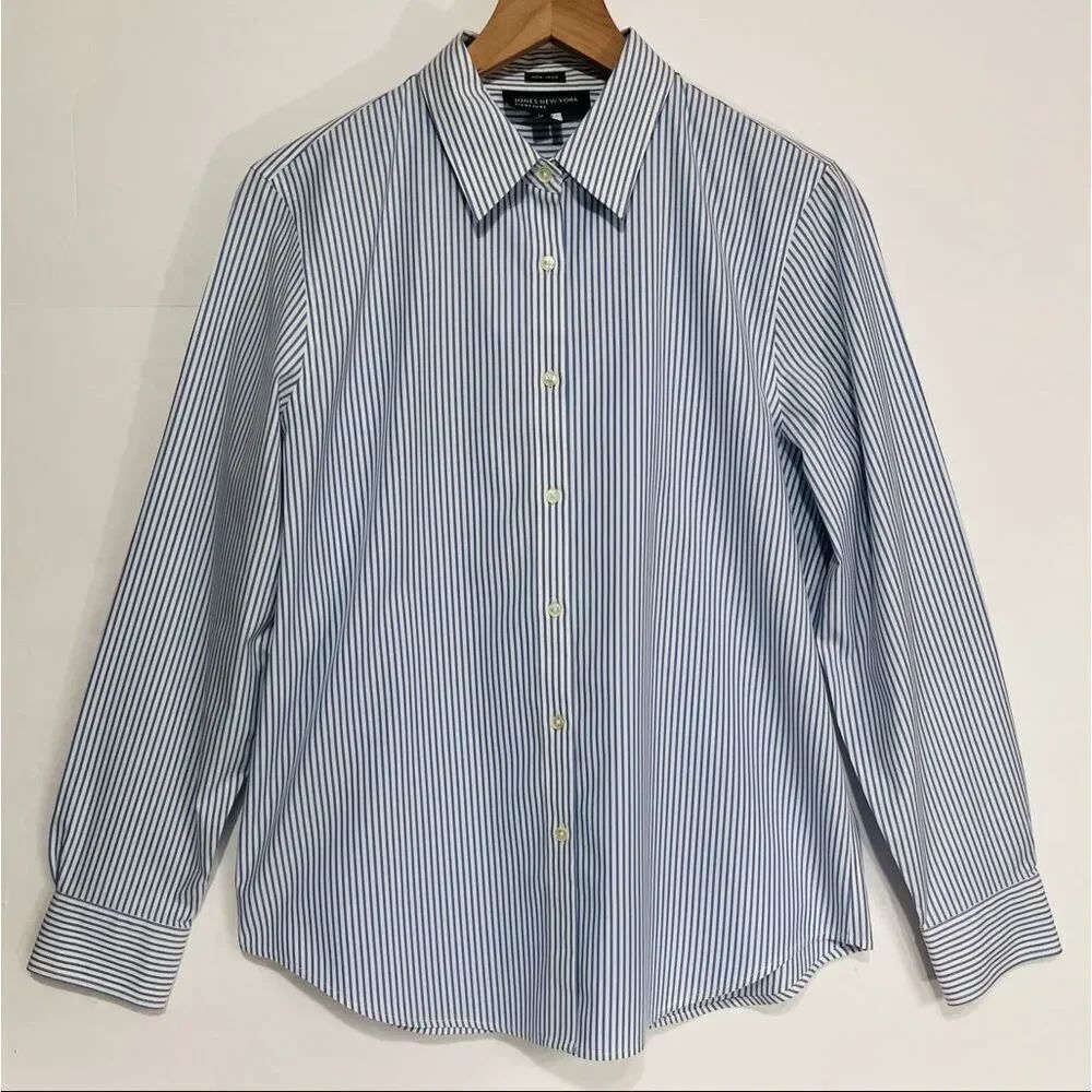 Jones New York Signature Blue And White Striped Blouse   Size M
